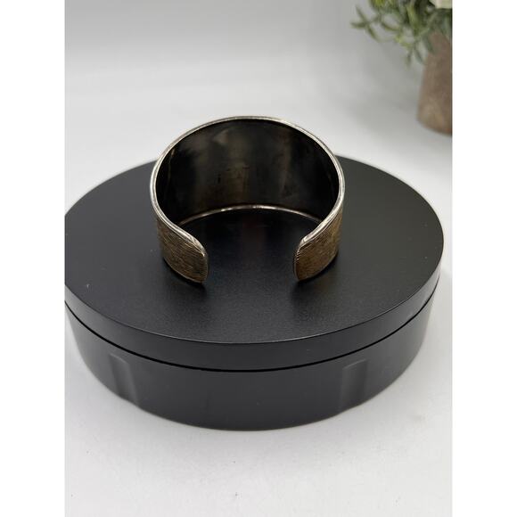 Designer Signed Two Tone Sterling Silver 925 Textured Wide Cuff Bracelet - Picture 5 of 10